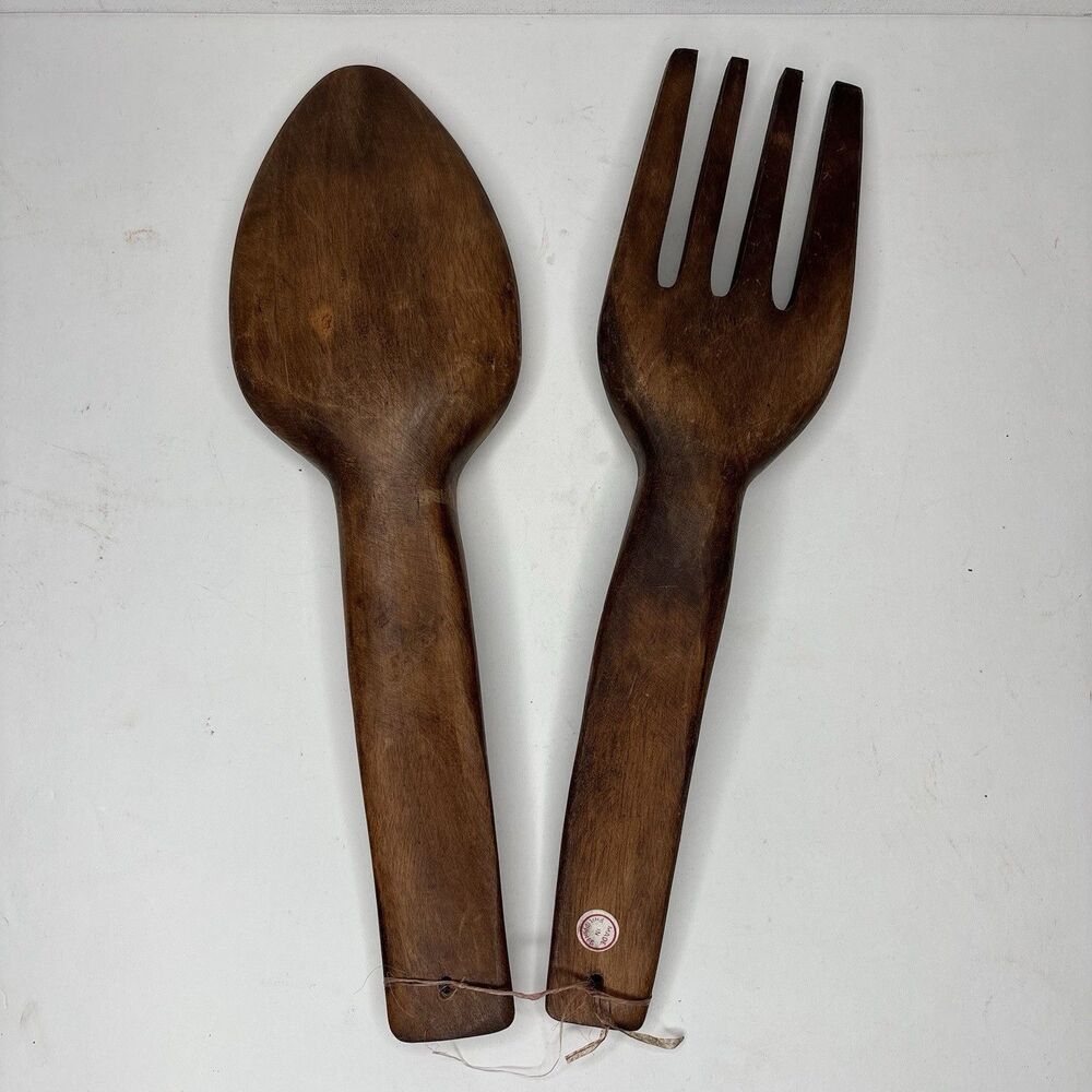 Vintage Made in Philippines 12” Carved Wood Salad Serving Spoon Fork Set MCM - Picture 5 of 16